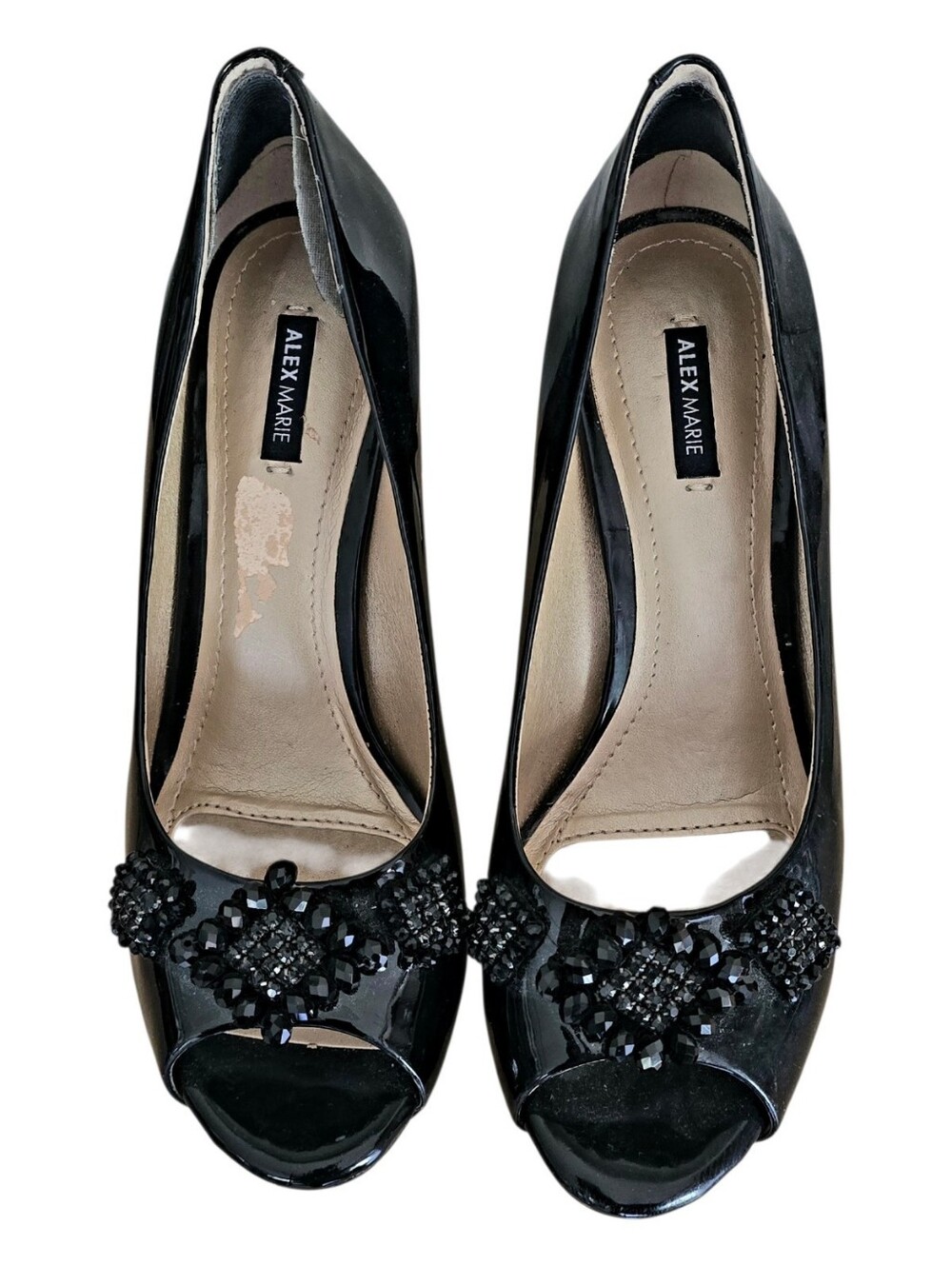 Nice Alex Marie Black Patent Peep-Toe Pumps with Crystal Accents 7.5m